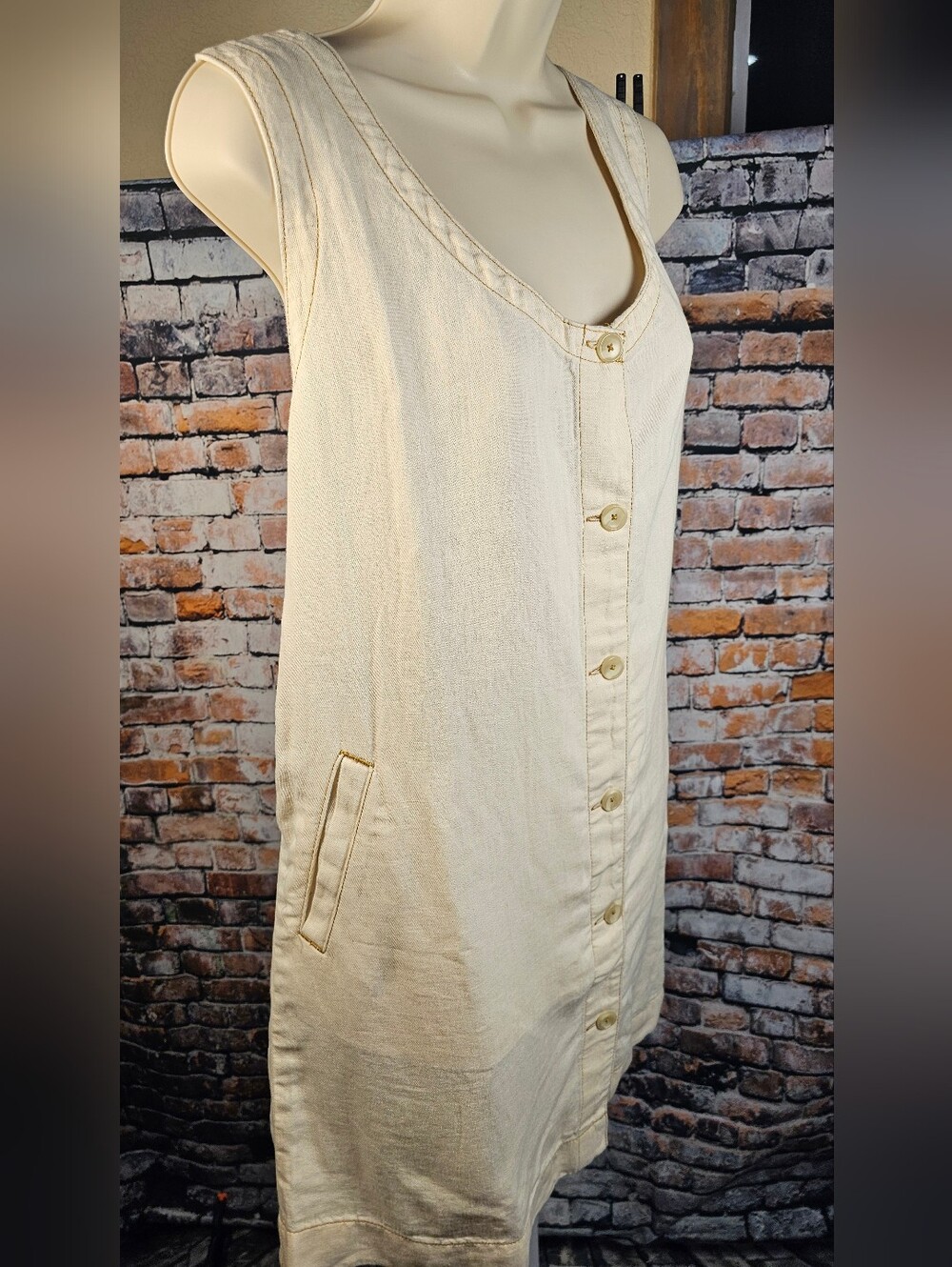 FAHERTY Linen Denim Malibu Mini Dress Large Whitecliff Wash Button Front NWT